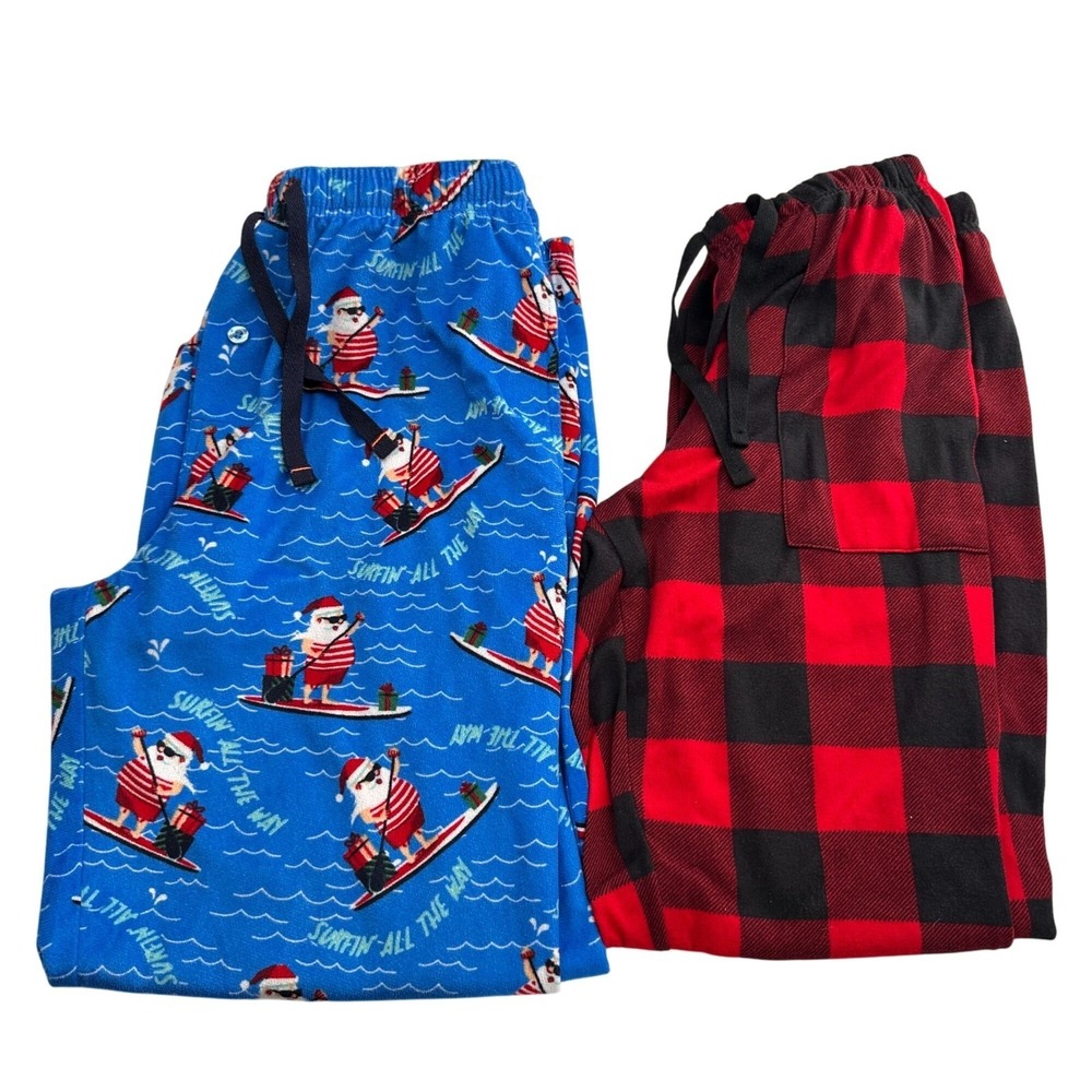 Mens‎ Pajama Pants Set Of 2 M: Santa Print & Buffalo Plaid Hawke & Co Holiday